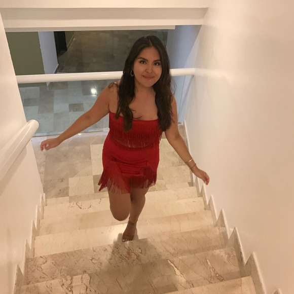 ASOS Design Tall two-piece fringe crop top and mini skirt in red with tags - Picture 3 of 5